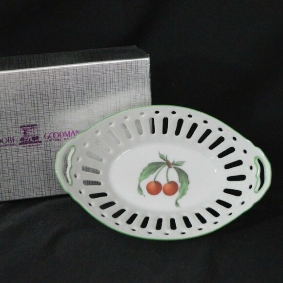 Bergdorf Goodman Porcelain Trinket Dish Hand Painted Cherry Themed With Gift Box - Picture 1 of 12